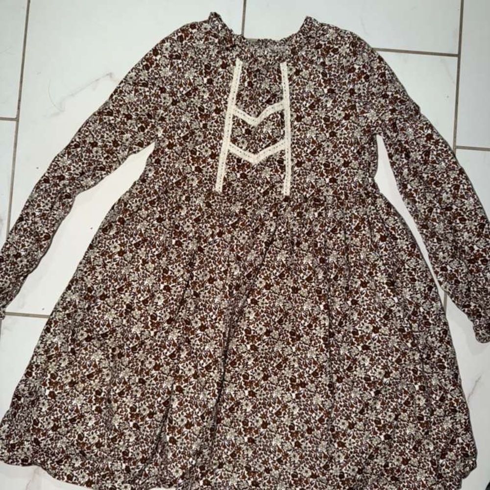 Edgehill Collection Brown Floral Long-Sleeve Dress with Cream Trim